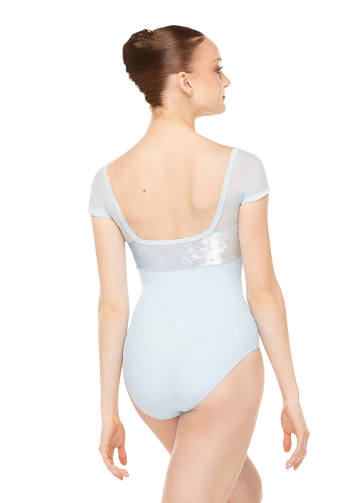 Eleve Dancewear Women's Jane Velvet Bust Square Neckline Mesh Cap Sleeve Leotard in Light Blue, shown on a ballet dancer
