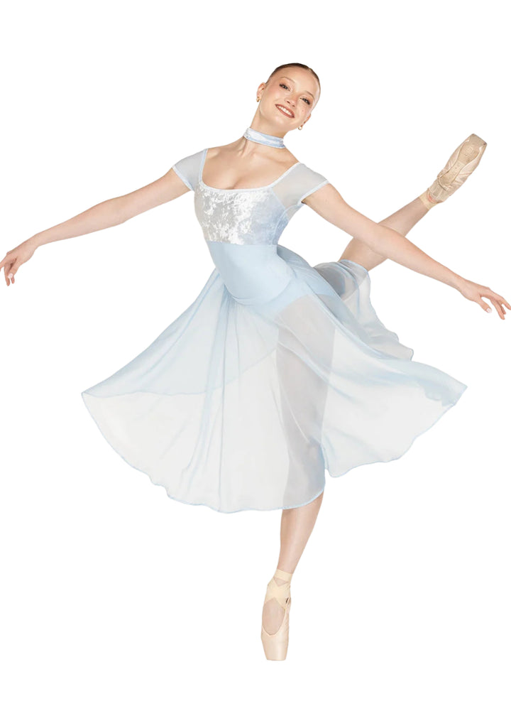 Eleve Dancewear Women's Jane Velvet Bust Square Neckline Mesh Cap Sleeve Leotard in Light Blue, shown on a ballet dancer with a matching mesh skirt