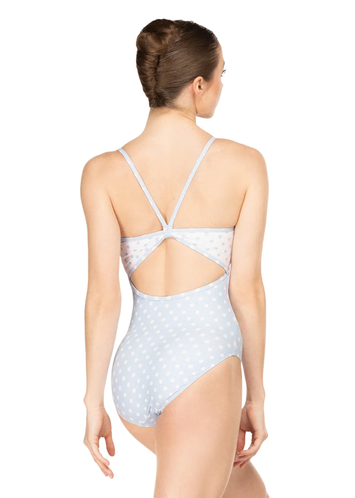 Eleve Dancewear Women's Mackenzie Keyhole Back Camisole Leotard in Light Blue & White Polka Dots, shown on a ballet dancer
