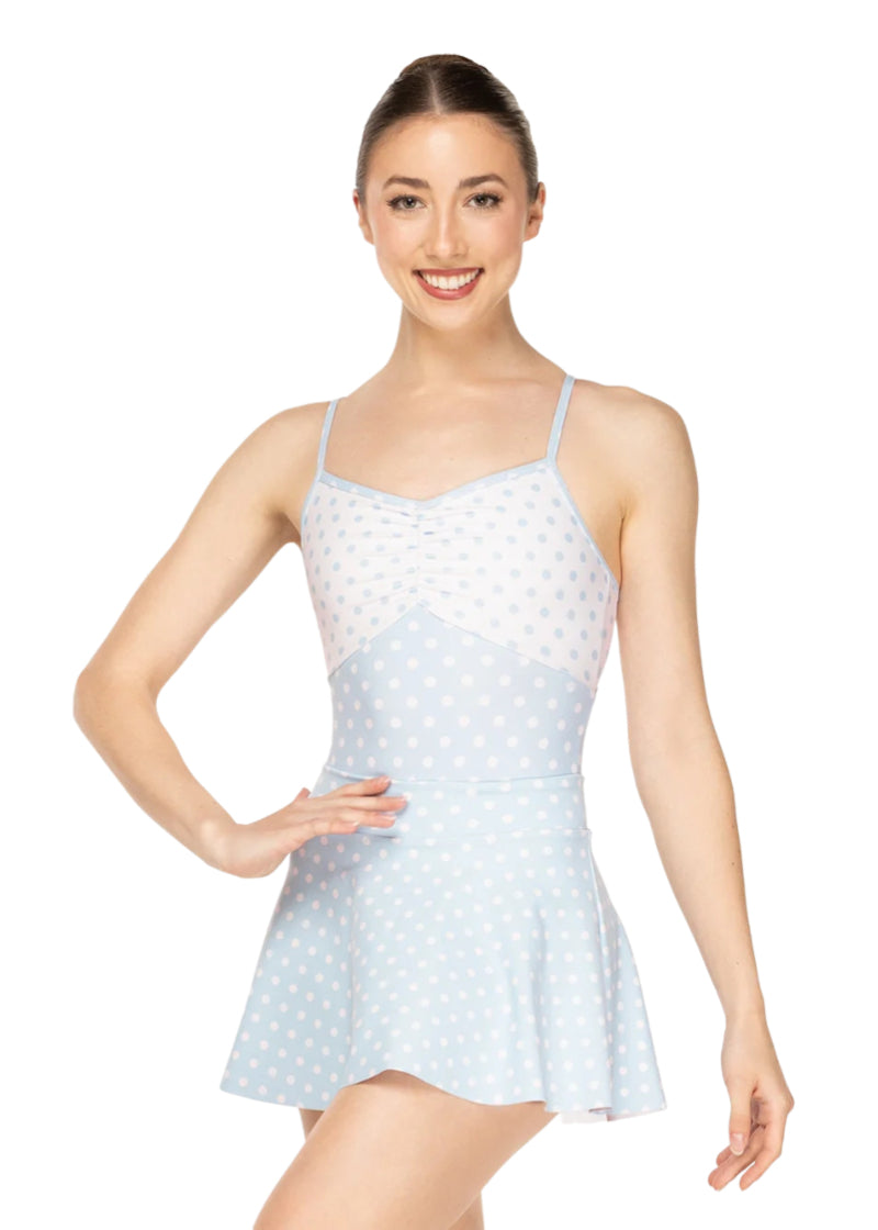 Eleve Dancewear Women's Mackenzie Keyhole Back Camisole Leotard in Light Blue & White Polka Dots, shown on a ballet dancer wearing the matching Flare Polka Dot Skirt