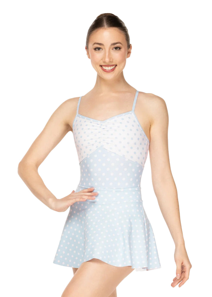 Eleve Dancewear Women's Mackenzie Keyhole Back Camisole Leotard in Light Blue & White Polka Dots, shown on a ballet dancer wearing the matching Flare Polka Dot Skirt
