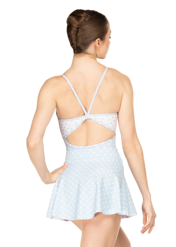 Eleve Dancewear Women's Mackenzie Keyhole Back Camisole Leotard in Light Blue & White Polka Dots, shown on a ballet dancer wearing the matching Flare Polka Dot Skirt