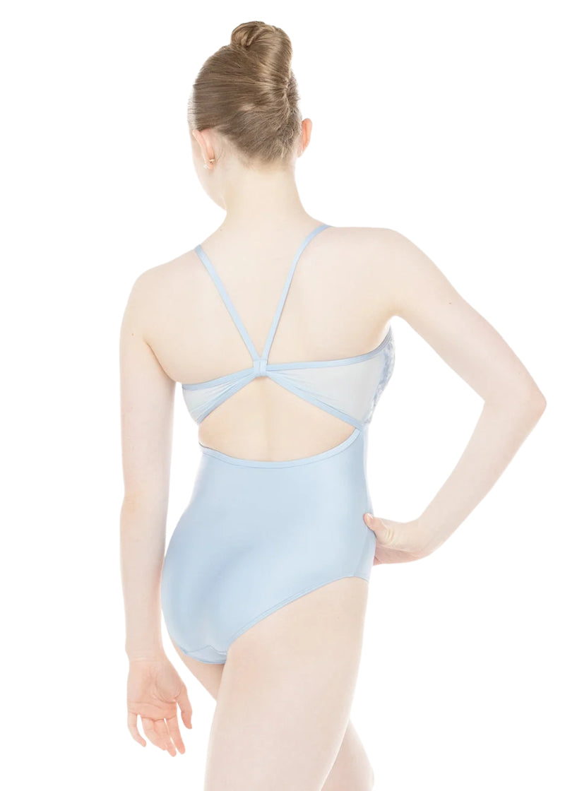 Eleve Dancewear Women's Mackenzie Velvet Gathered Bust V-Neckline Mesh Keyhole Back Camisole Leotard in Light Blue, modelled on a ballet dancer