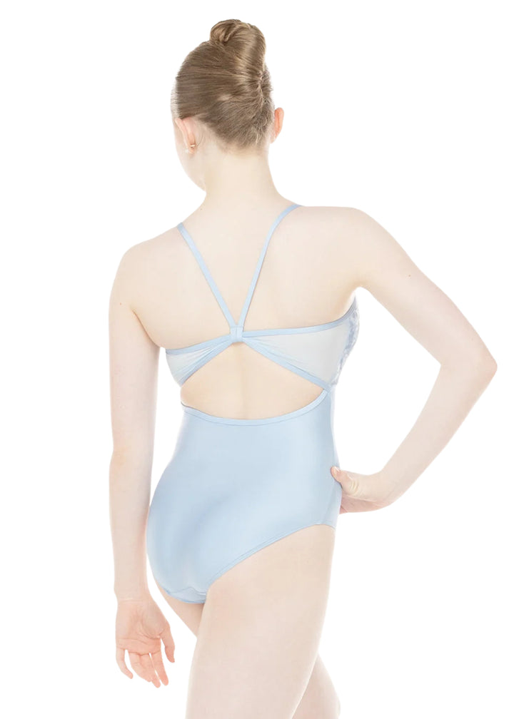 Eleve Dancewear Women's Mackenzie Velvet Gathered Bust V-Neckline Mesh Keyhole Back Camisole Leotard in Light Blue, modelled on a ballet dancer