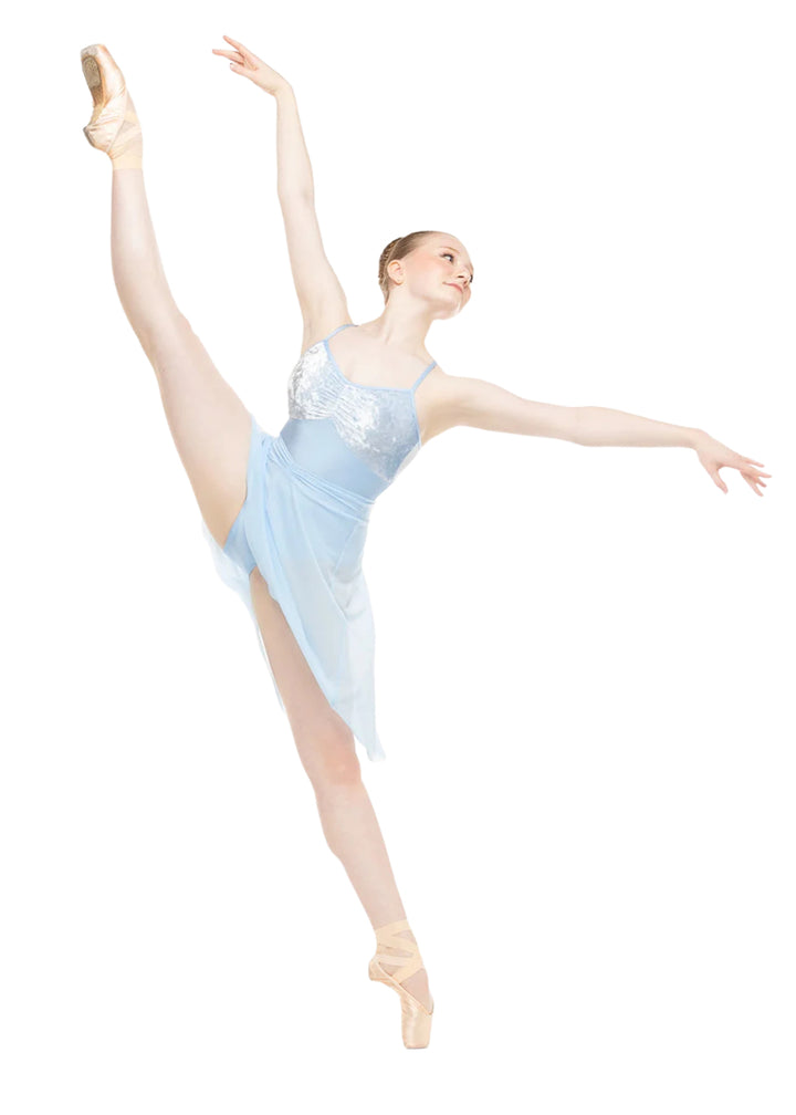 EleveDancewear Women's Amora Long Ruched Waist Mesh High-Low Pull-On Ballet Skirt in Light Blue, shown on a ballet dancer posing en pointe and wearing the matching Mackenzie Velvet Camisole Leotard