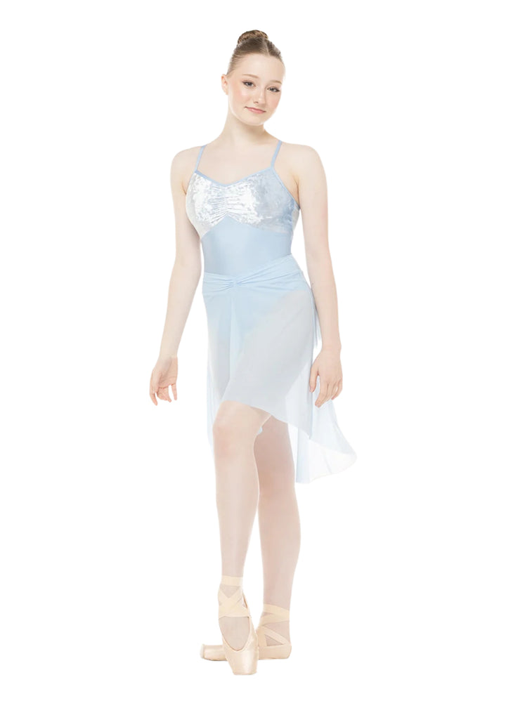 EleveDancewear Women's Amora Long Ruched Waist Mesh High-Low Pull-On Ballet Skirt in Light Blue, shown on a ballet dancer wearing the matching Mackenzie Velvet Camisole Leotard