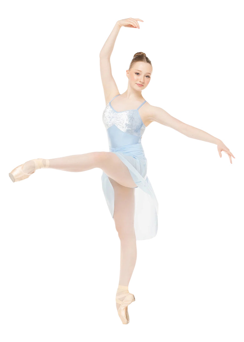 EleveDancewear Women's Amora Long Ruched Waist Mesh High-Low Pull-On Ballet Skirt in Light Blue, shown on a ballet dancer posing en pointe and wearing the matching Mackenzie Velvet Camisole Leotard
