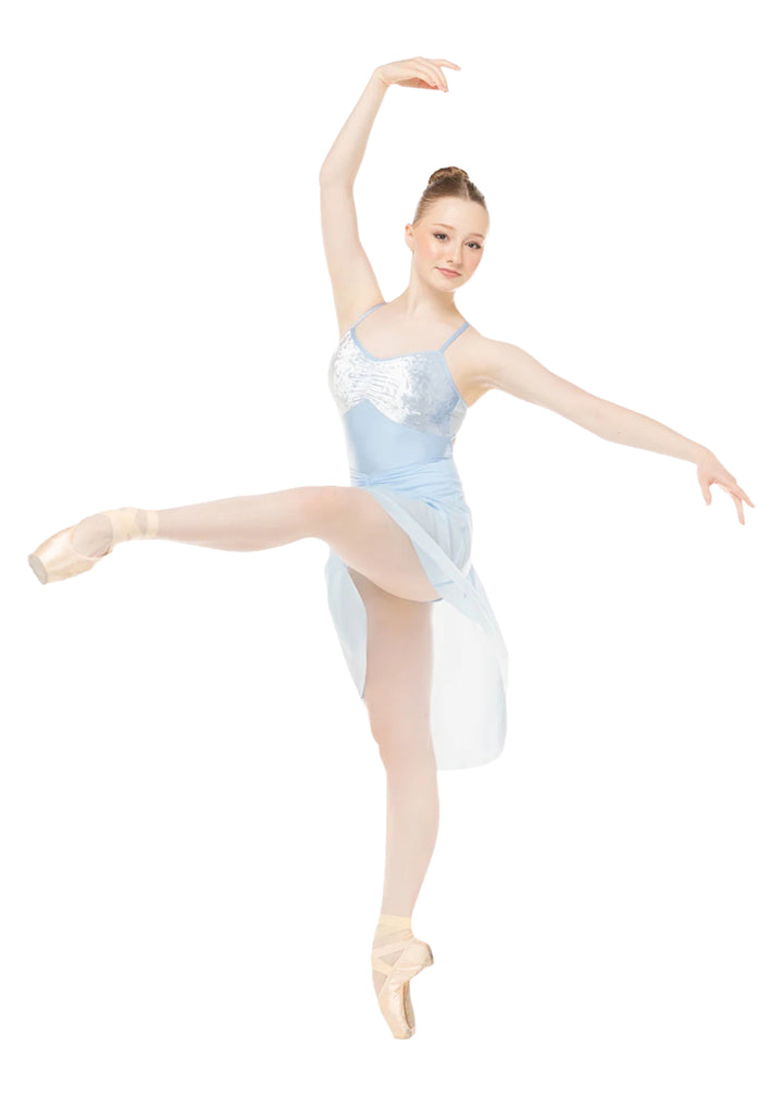 EleveDancewear Women's Amora Long Ruched Waist Mesh High-Low Pull-On Ballet Skirt in Light Blue, shown on a ballet dancer posing en pointe and wearing the matching Mackenzie Velvet Camisole Leotard