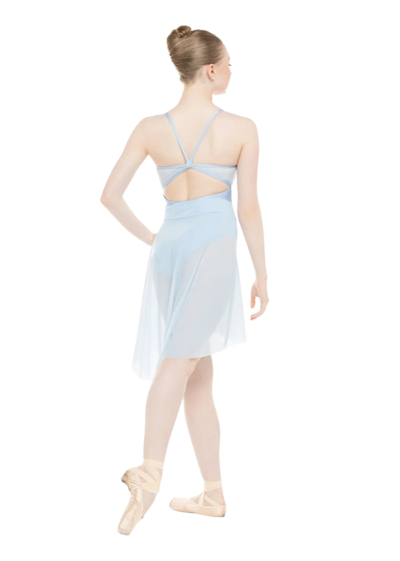 EleveDancewear Women's Amora Long Ruched Waist Mesh High-Low Pull-On Ballet Skirt in Light Blue, shown on a ballet dancer wearing the matching Mackenzie Velvet Camisole Leotard