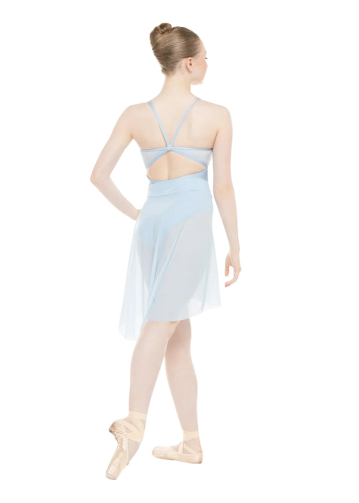 EleveDancewear Women's Amora Long Ruched Waist Mesh High-Low Pull-On Ballet Skirt in Light Blue, shown on a ballet dancer wearing the matching Mackenzie Velvet Camisole Leotard