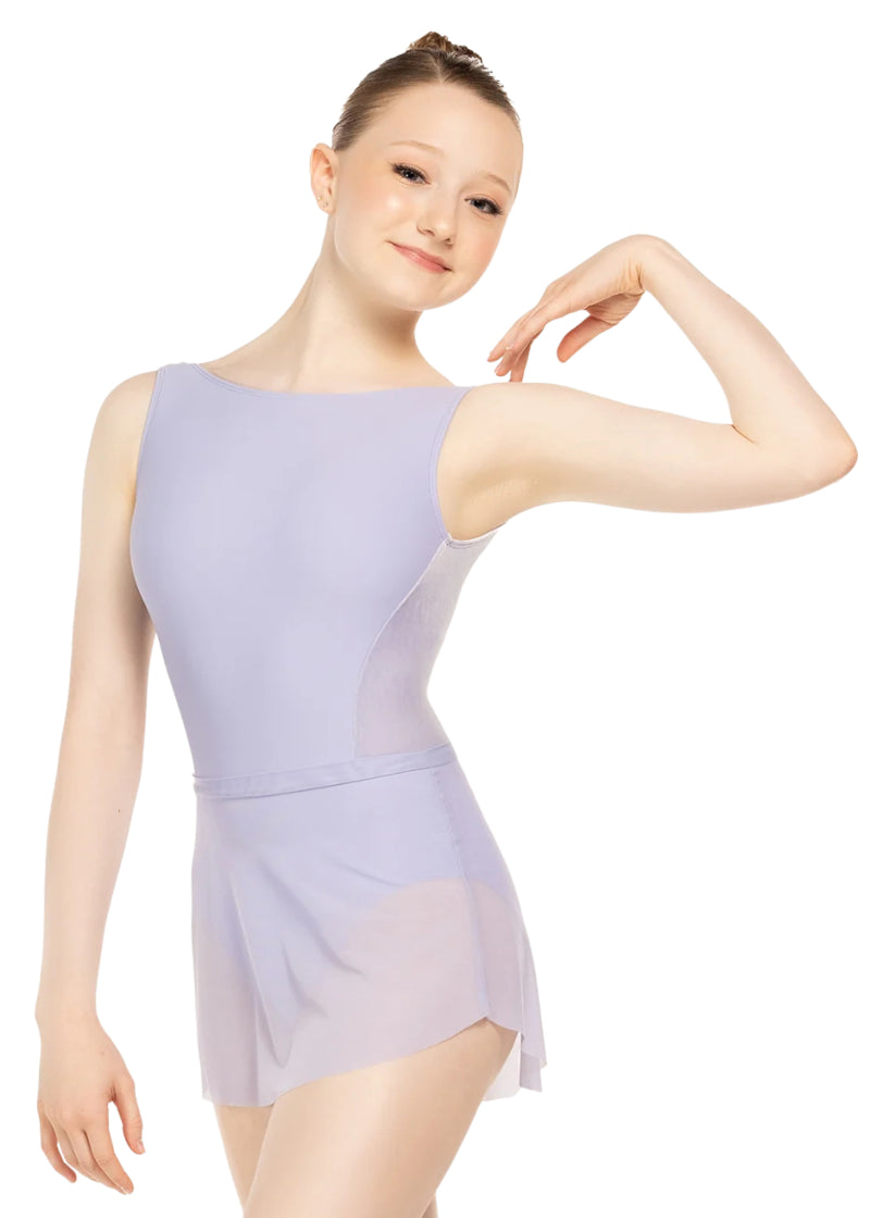 Eleve Dancewear Women's Tulip Mesh Pull-On Ballet Skirt in Lavender Purple, shown on a ballet dancer wearing a matching lavender leotard