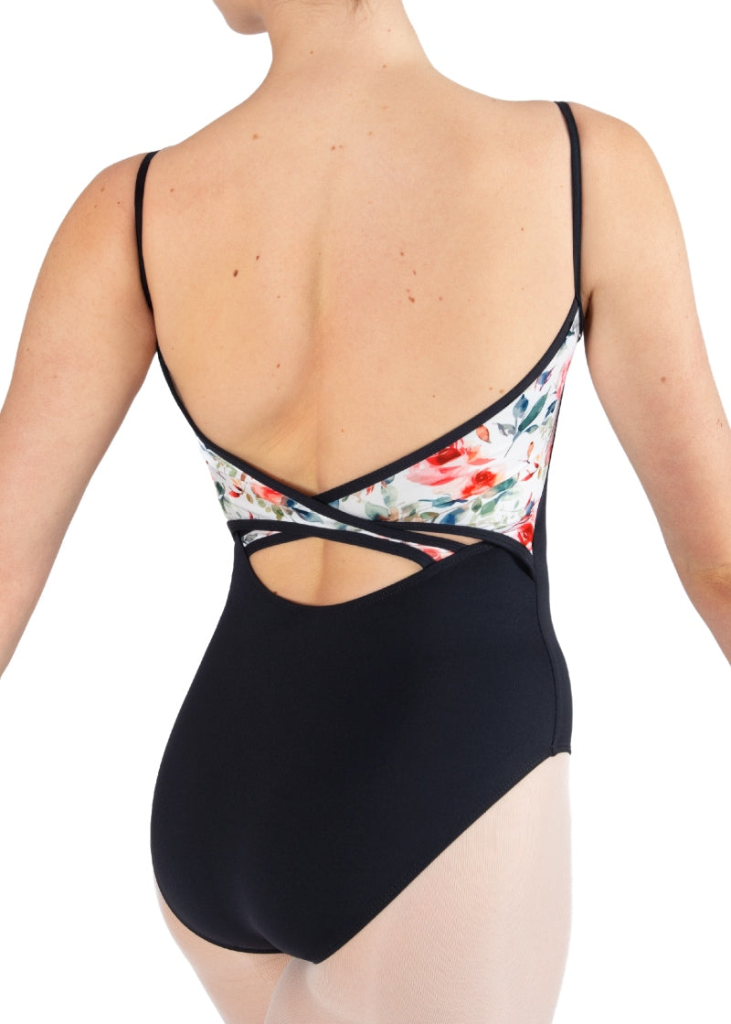 black camisole leotard with floral panels