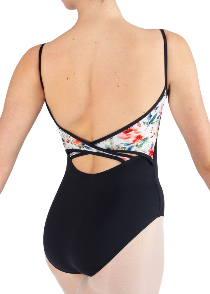 black camisole leotard with floral panels