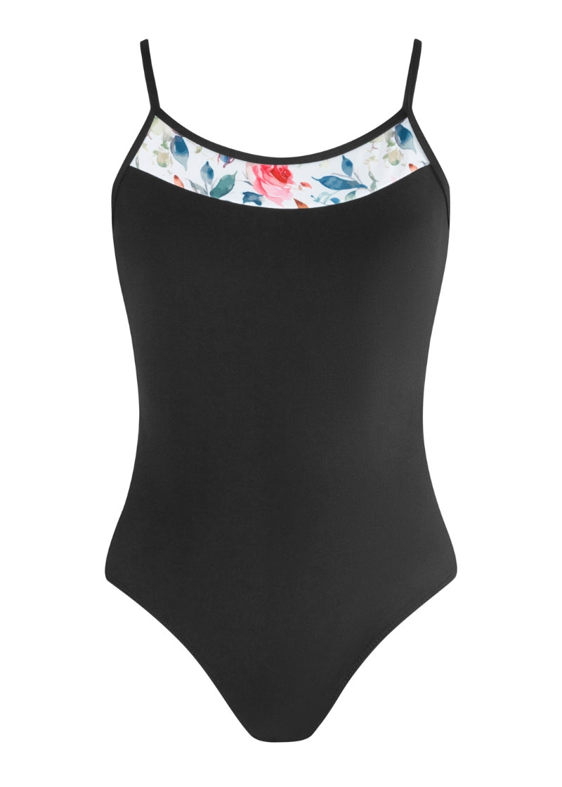 black camisole leotard with floral panels