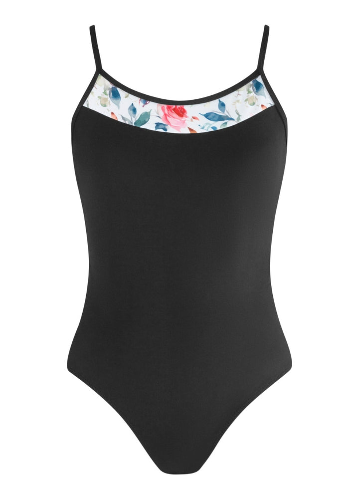 black camisole leotard with floral panels