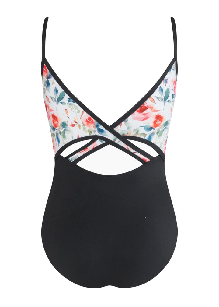 black camisole leotard with floral panels