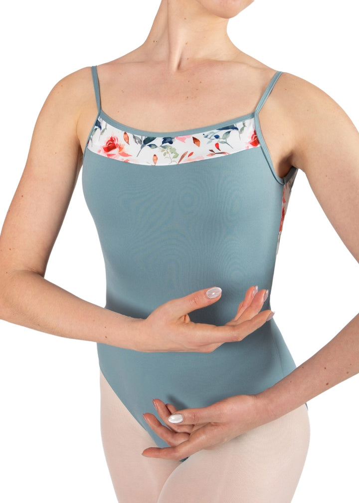 blue camisole leotard with floral panels