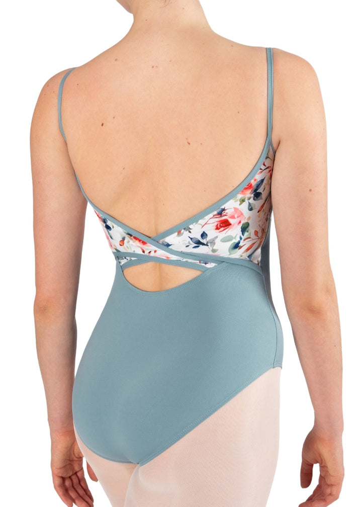 blue camisole leotard with floral panels