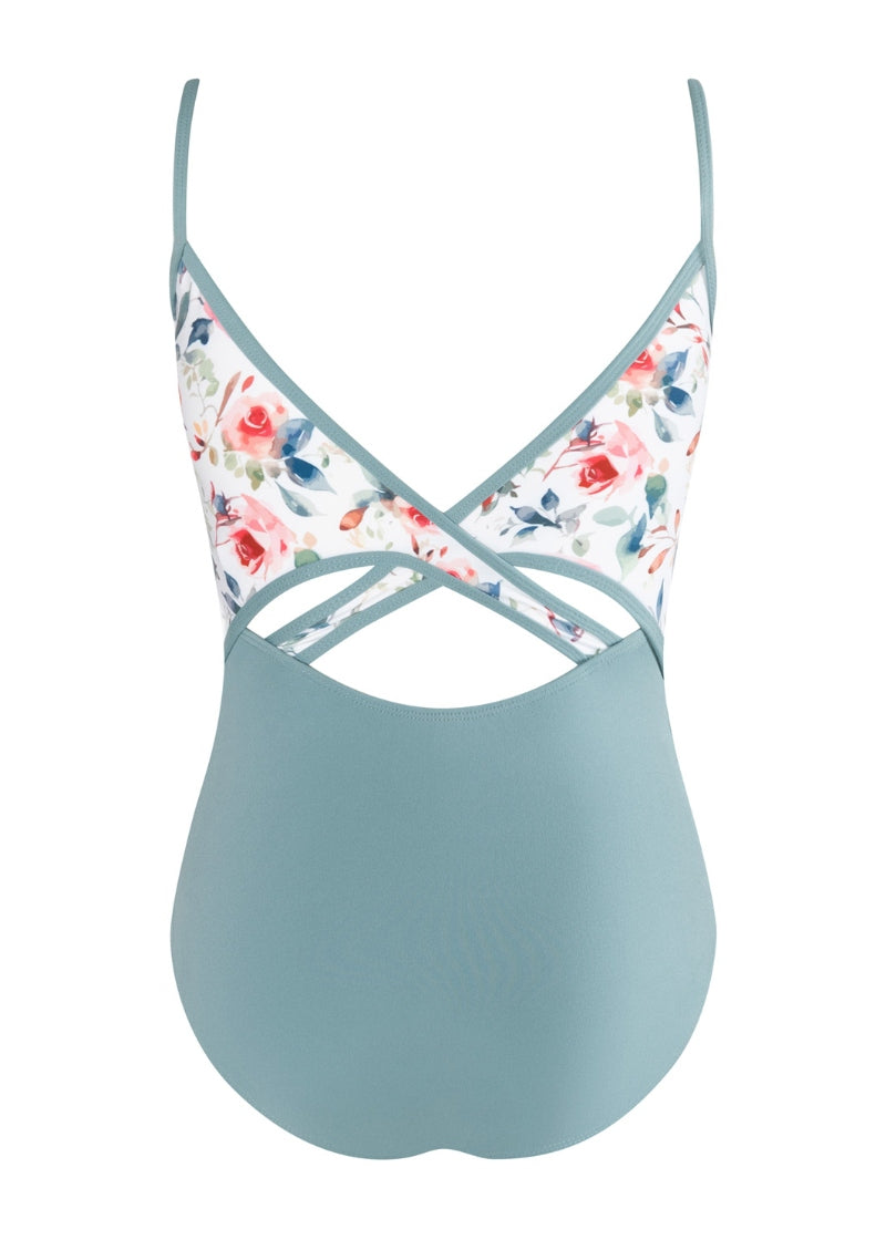 blue camisole leotard with floral panels