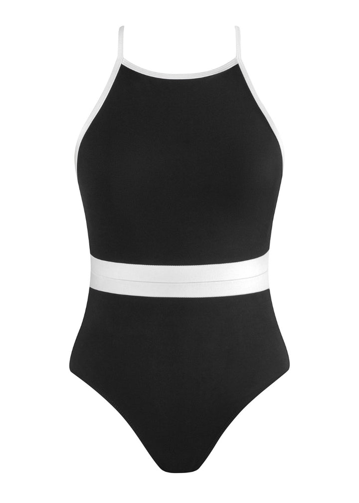 black camisole leotard with white white straps and waistband