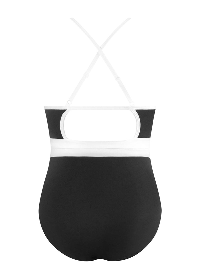 black camisole leotard with white white straps and waistband
