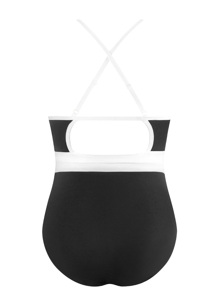 black camisole leotard with white white straps and waistband