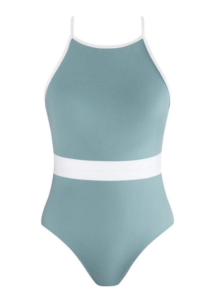 blue camisole leotard with white white straps and waistband
