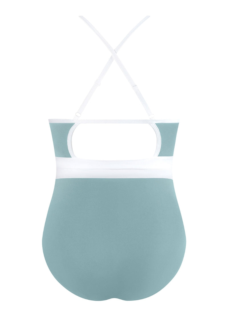 blue camisole leotard with white white straps and waistband