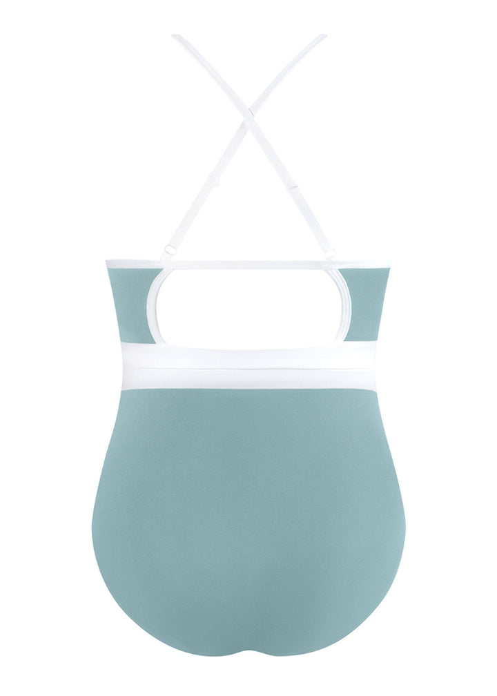 blue camisole leotard with white white straps and waistband
