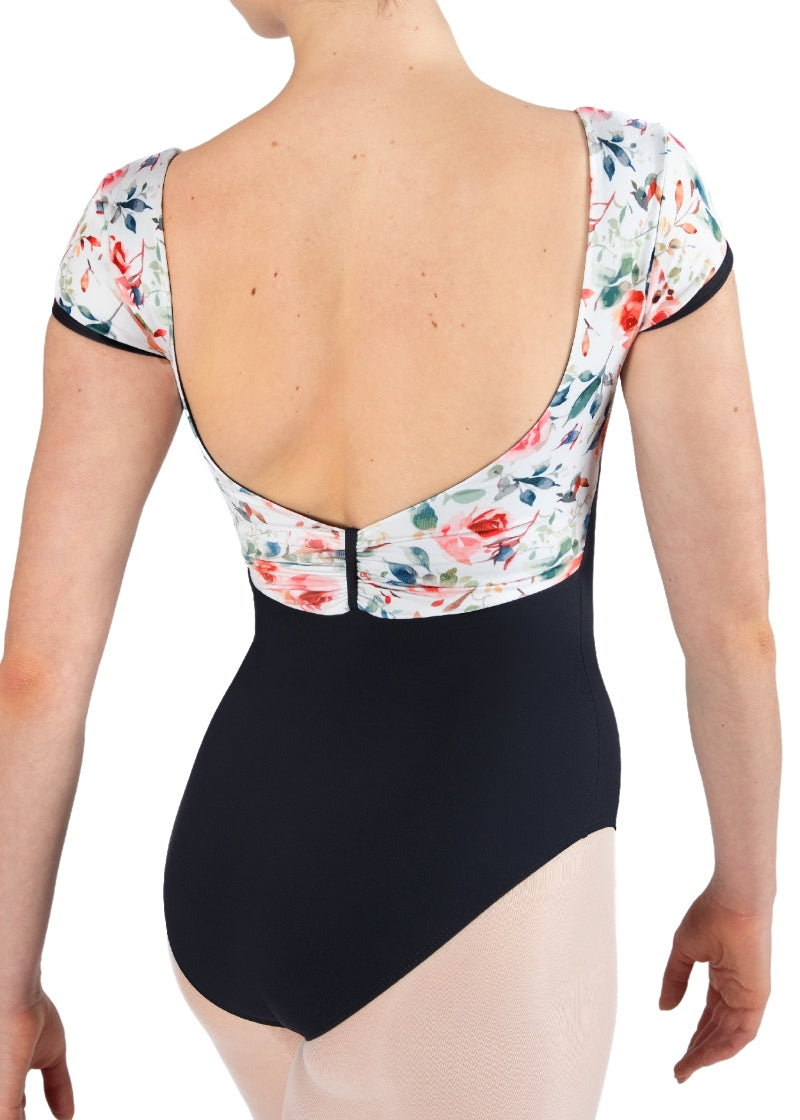 black cap sleeve leotard with white and floral bust