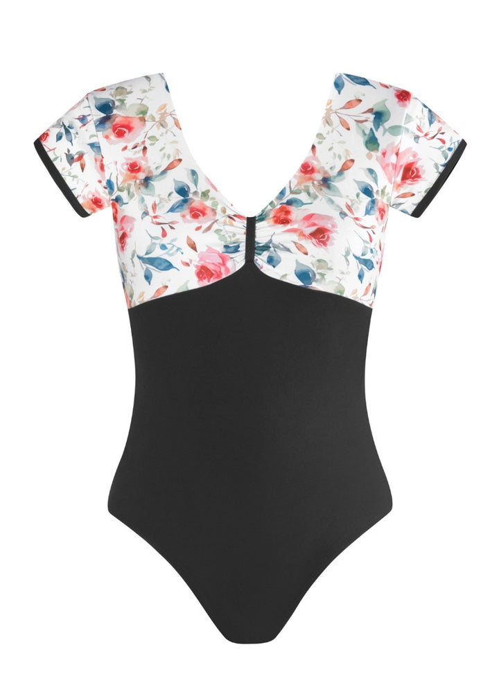 black cap sleeve leotard with white and floral bust