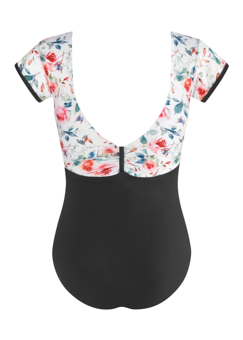 black cap sleeve leotard with white and floral bust