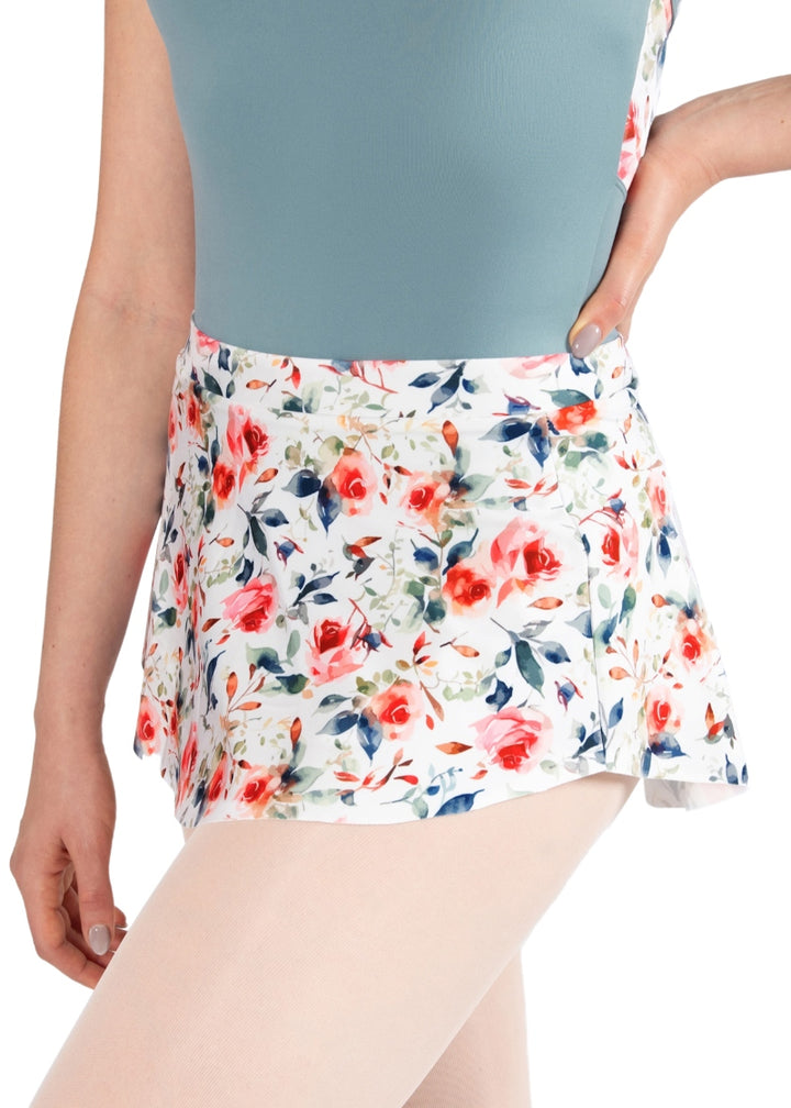 white pull-on skirt with pink and green florals