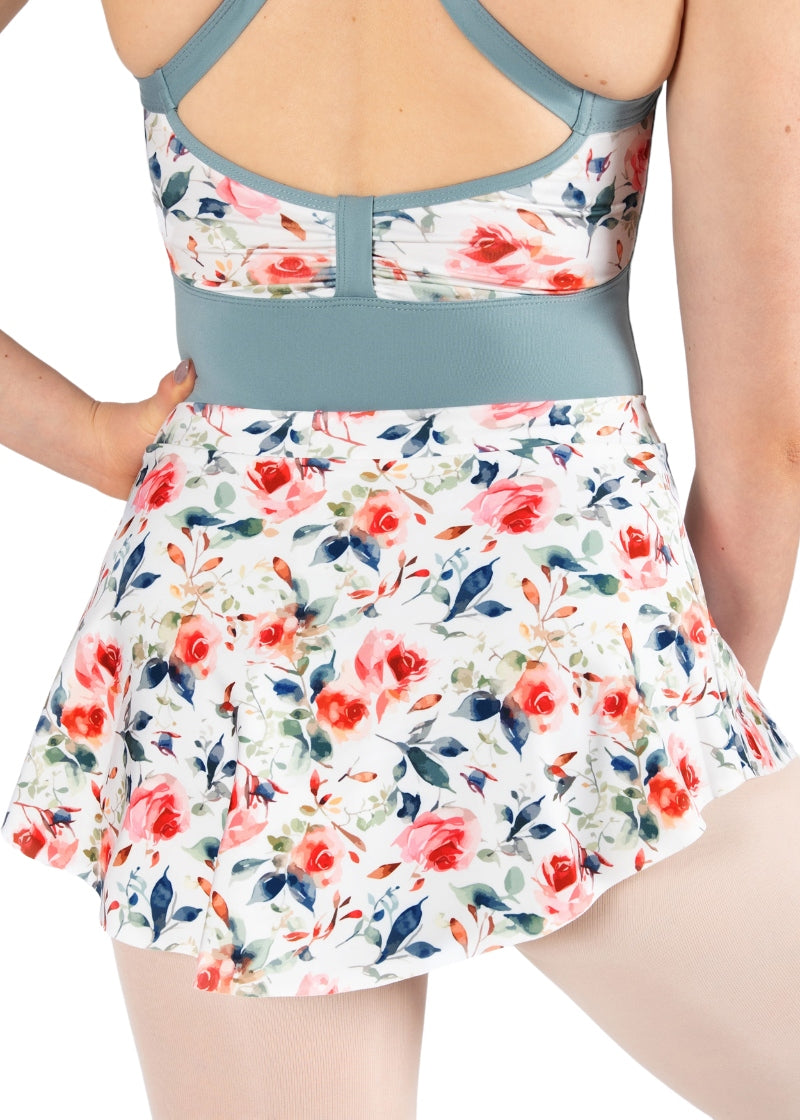 white pull-on skirt with pink and green florals