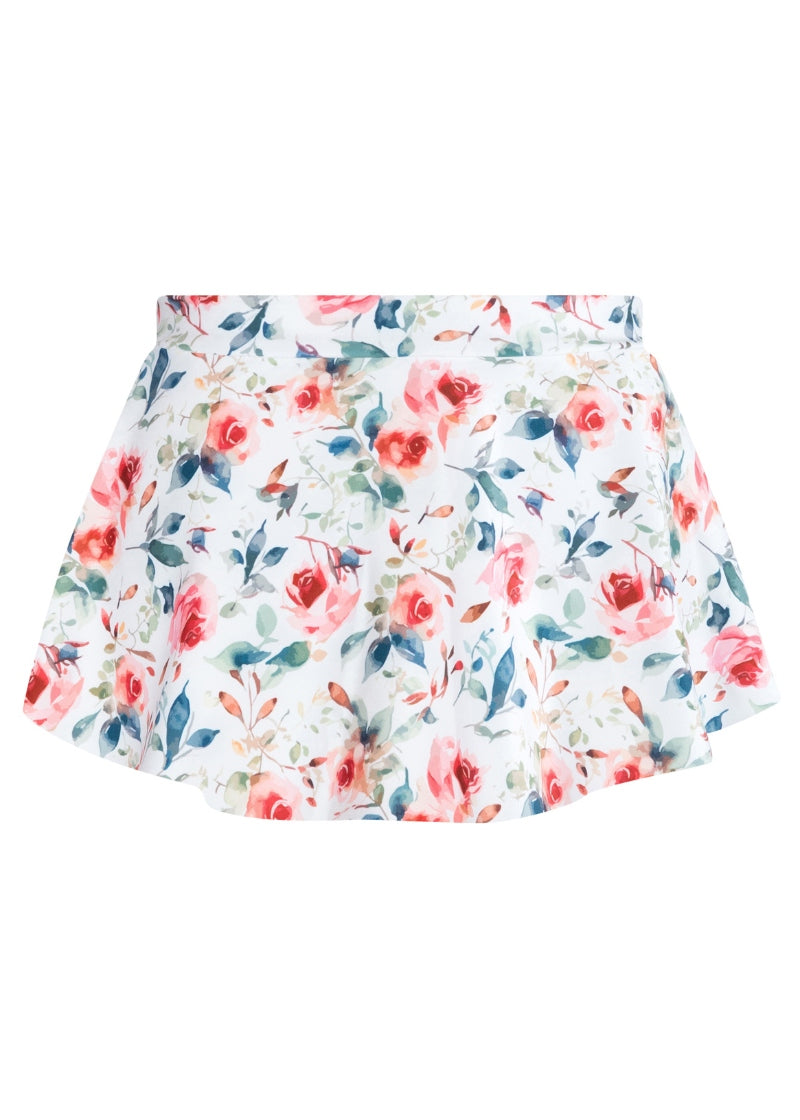 white pull-on skirt with pink and green florals