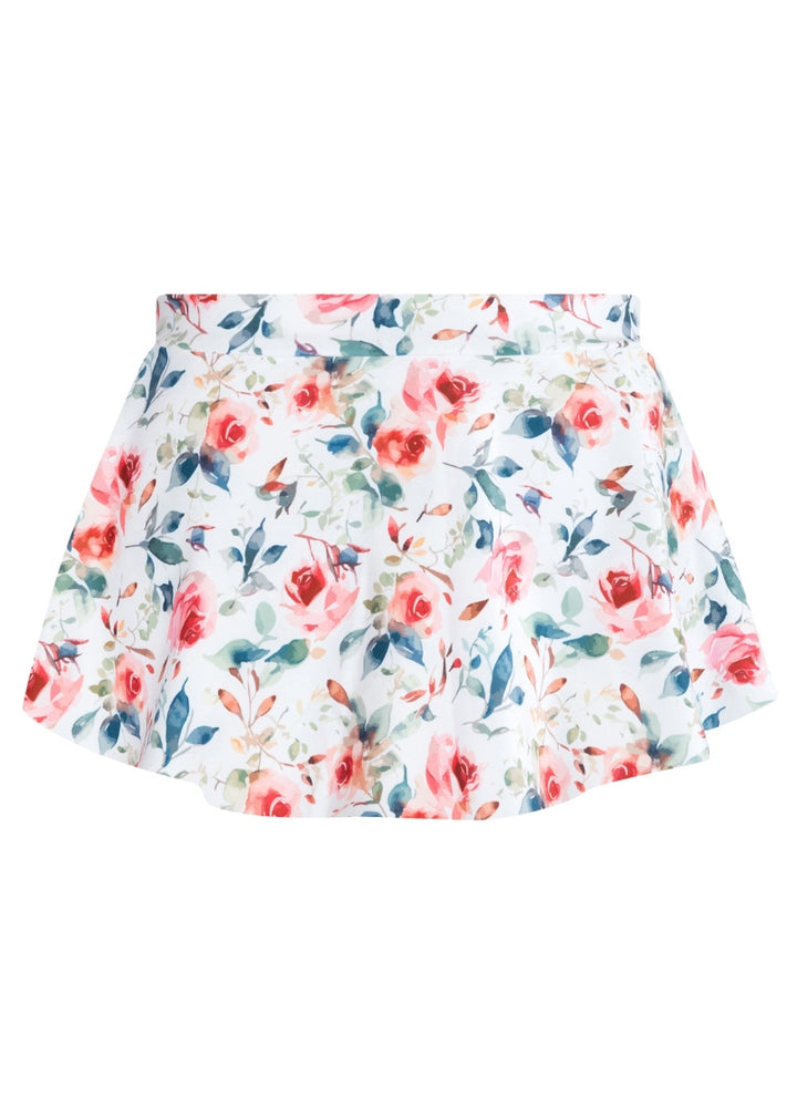 white pull-on skirt with pink and green florals