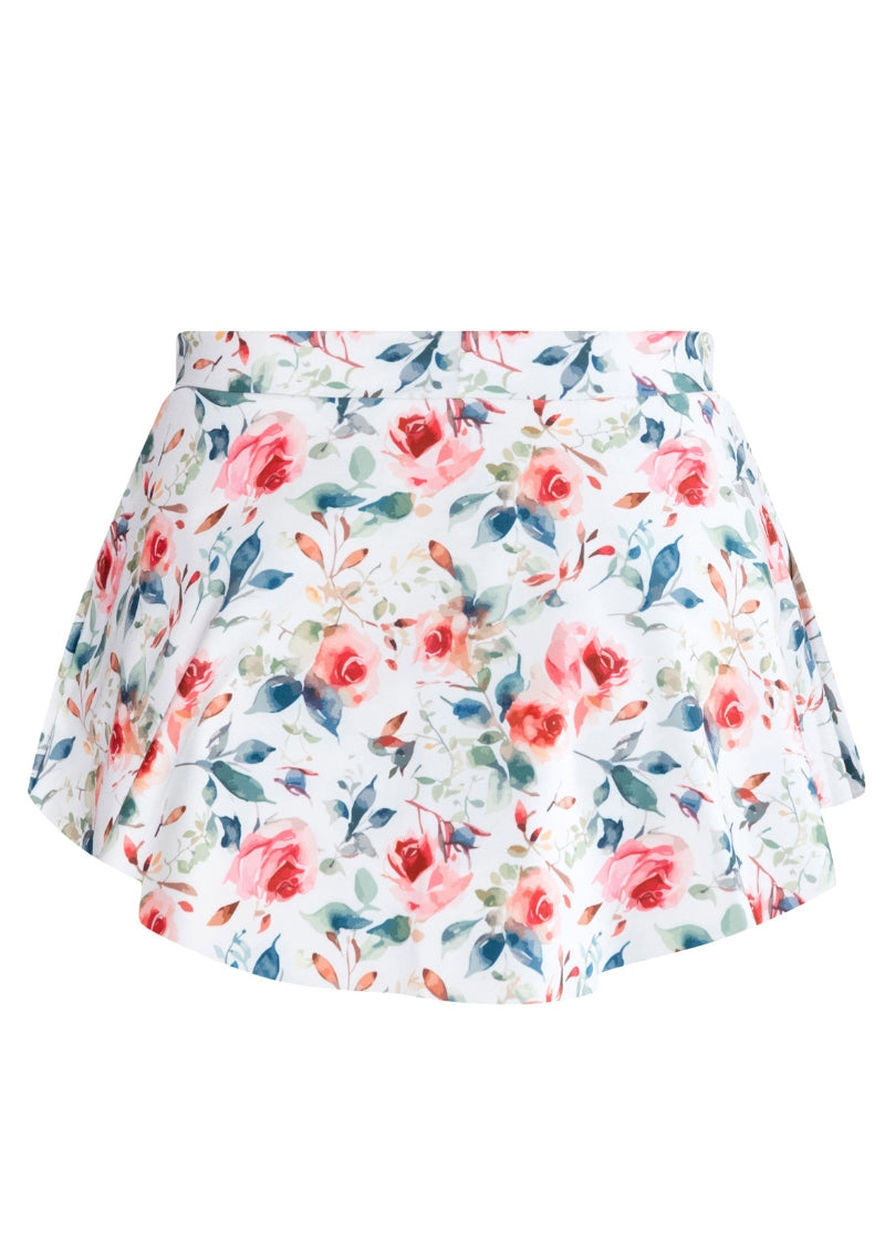 white pull-on skirt with pink and green florals
