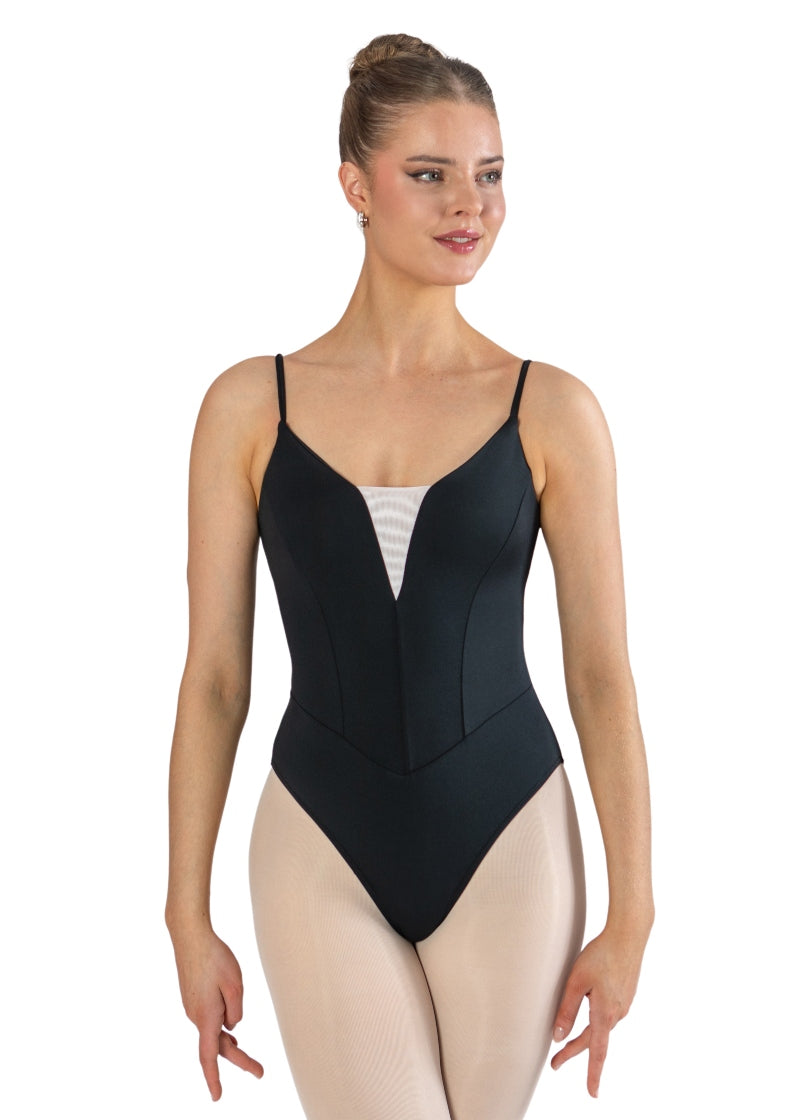 Energetiks IL201 Women's Lyra Camisole Leotard with adjustable straps, mesh V-neckline, and princess seams, modelled on a ballet dancer