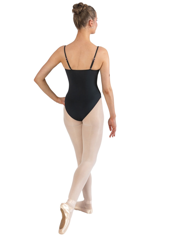 Energetiks IL201 Women's Lyra Camisole Leotard with adjustable straps, mesh V-neckline, and princess seams, modelled on a ballet dancer