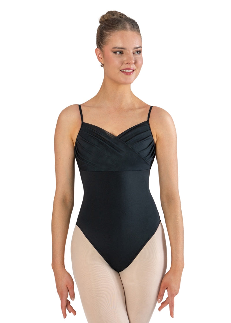 Energetiks IL202 Women's Olivia Mesh Crossover Camisole Leotard in Black, modelled on a ballet dancer