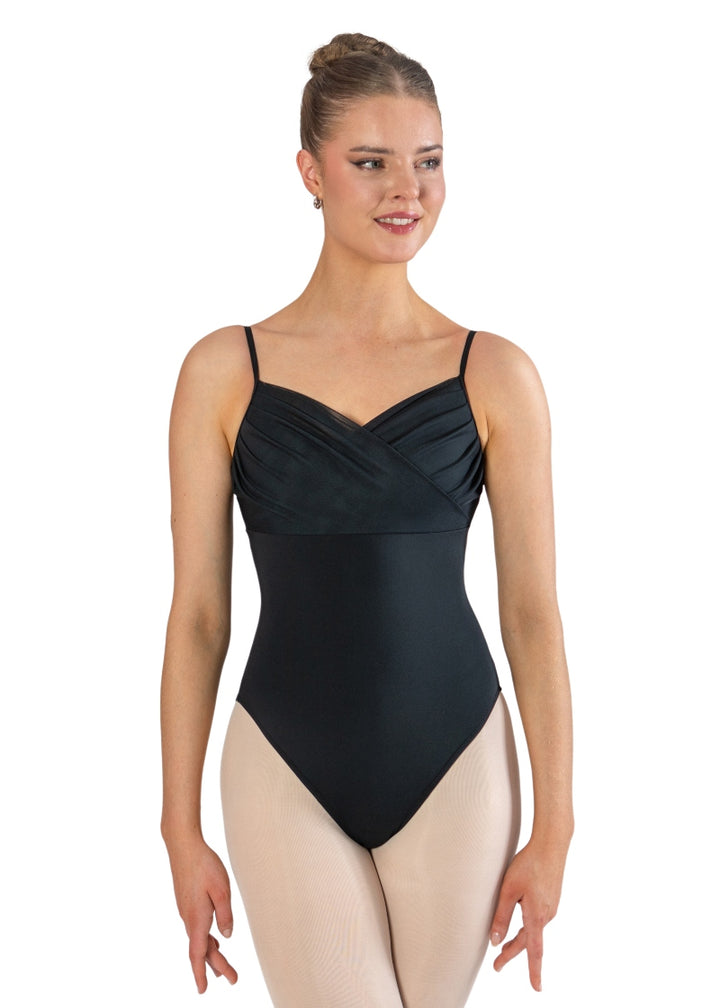 Energetiks IL202 Women's Olivia Mesh Crossover Camisole Leotard in Black, modelled on a ballet dancer