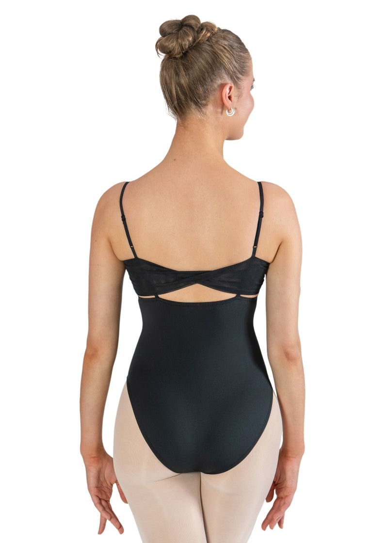 Energetiks IL202 Women's Olivia Mesh Crossover Camisole Leotard in Black, modelled on a ballet dancer