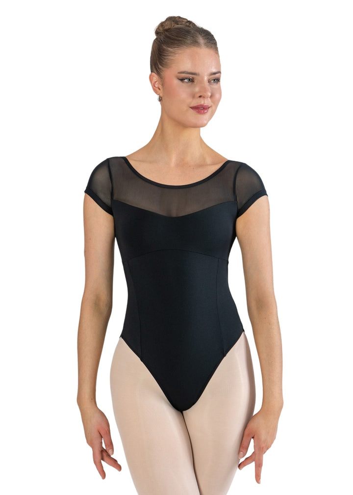 Energetiks IL203 Women's Amelia Mesh Cap Sleeve Leotard in Black, modelled on a ballet dancer