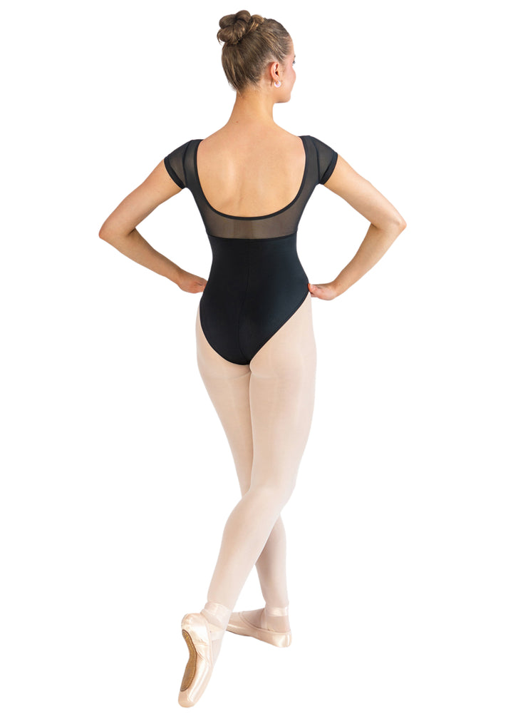 Energetiks IL203 Women's Amelia Mesh Cap Sleeve Leotard in Black, modelled on a ballet dancer