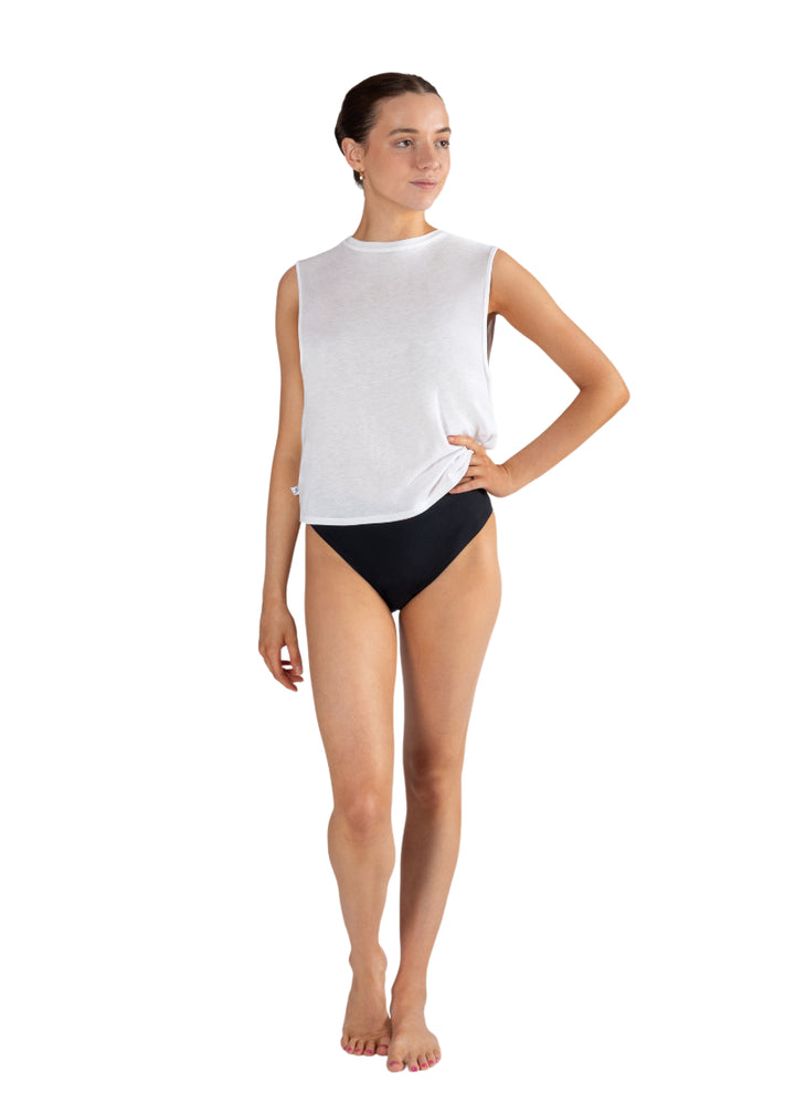 Energetiks ADB01 Teens Absorb Plus Dance Brief Period Underwear in Black, shown on a young adult dancer wearing a white tank top
