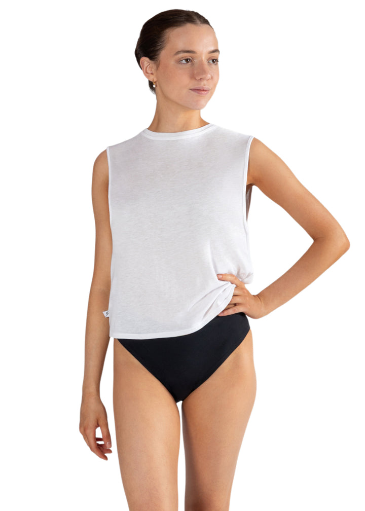 Energetiks ADB01 Teens Absorb Plus Dance Brief Period Underwear in Black, shown on a young adult dancer wearing a white tank top