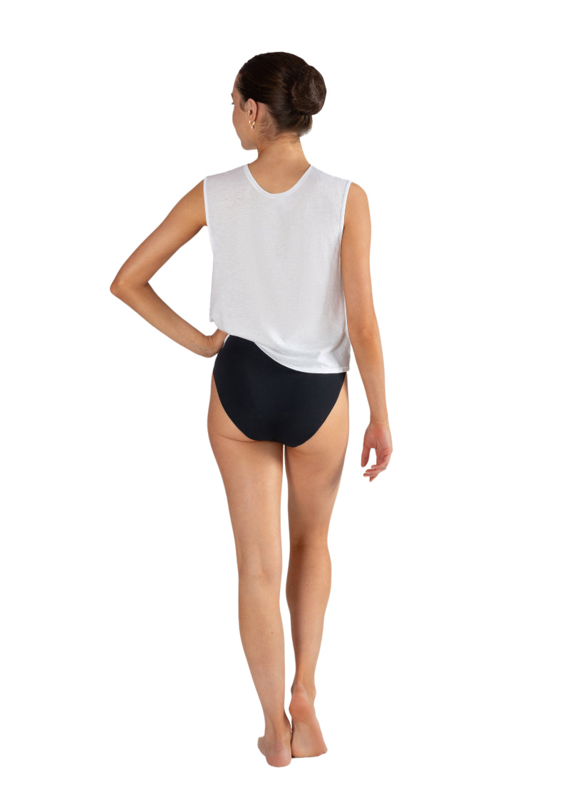 Energetiks ADB01 Teens Absorb Plus Dance Brief Period Underwear in Black, shown on a young adult dancer wearing a white tank top