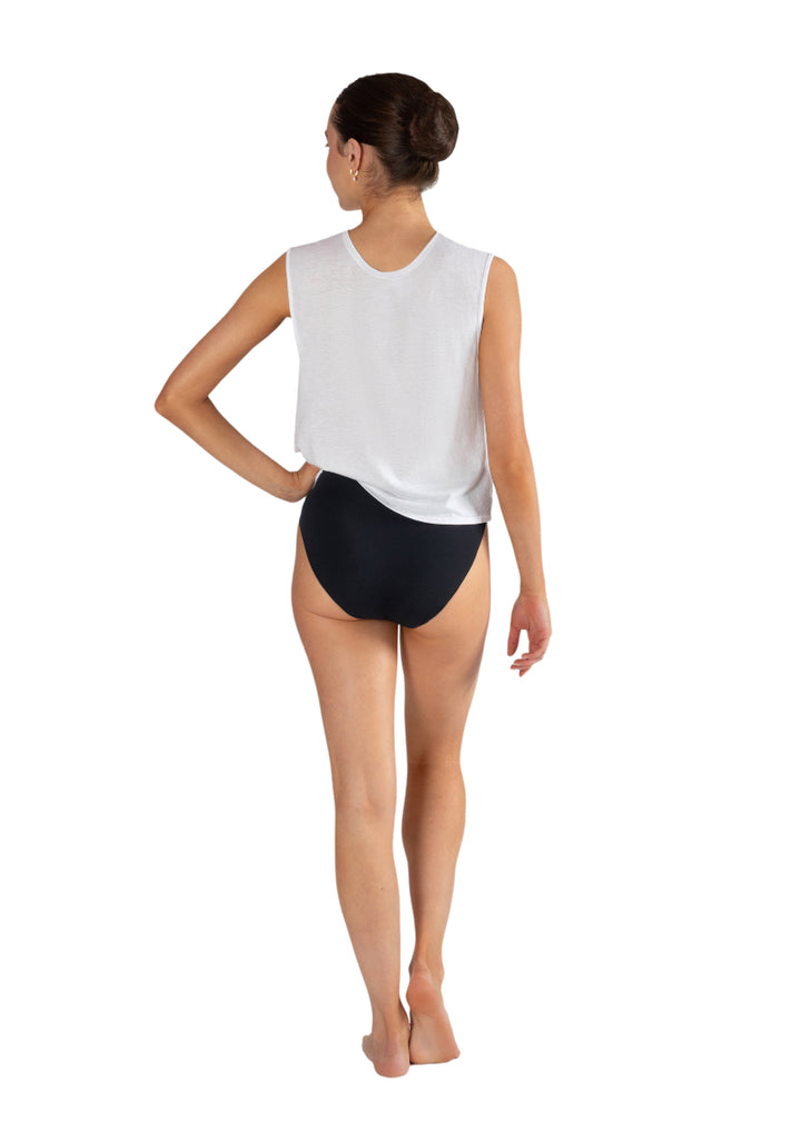 Energetiks ADB01 Teens Absorb Plus Dance Brief Period Underwear in Black, shown on a young adult dancer wearing a white tank top