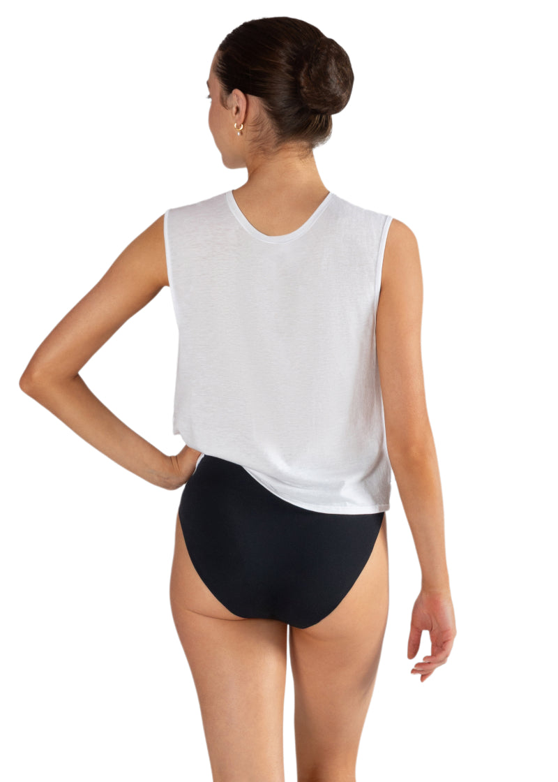Energetiks ADB01 Teens Absorb Plus Dance Brief Period Underwear in Black, shown on a young adult dancer wearing a white tank top