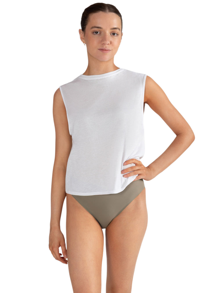 Energetiks ADB01 Teens' Absorb Plus Dance Brief Period Underwear in Chai Grey Tan, shown on a young adult dancer wearing a white tank top
